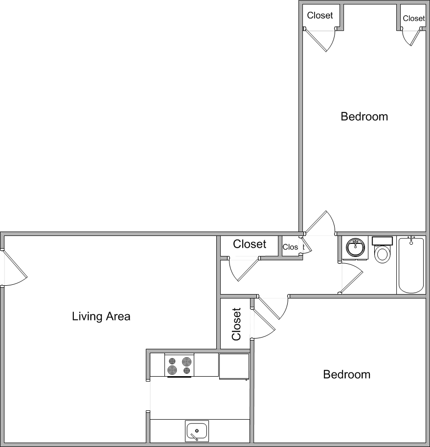 Floor plan for 2 beds, 1 bath, 767 sqft